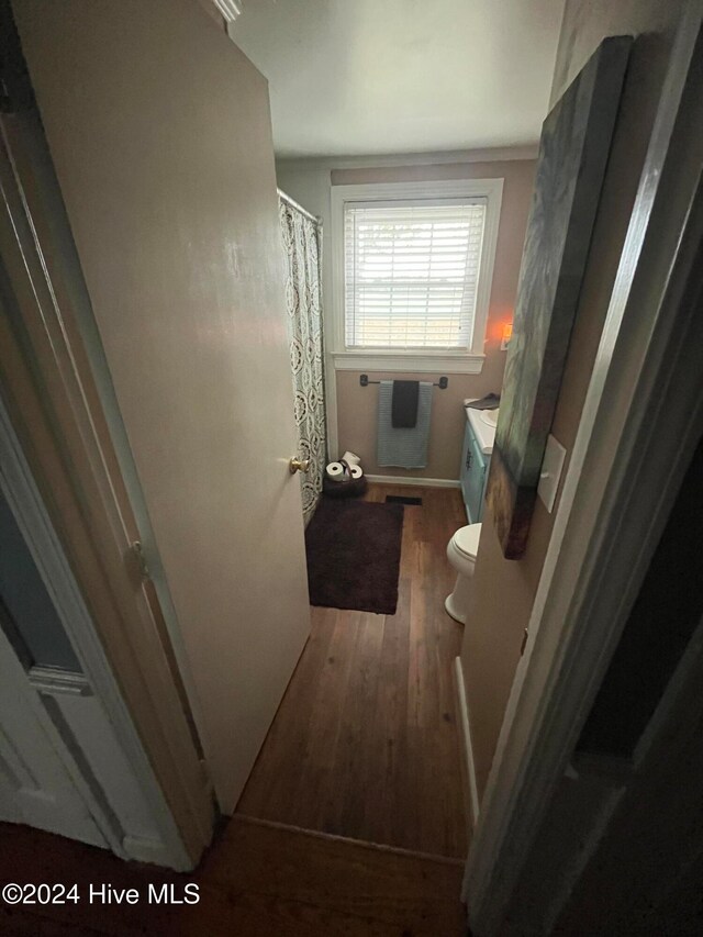 bathroom with wood-type flooring and toilet