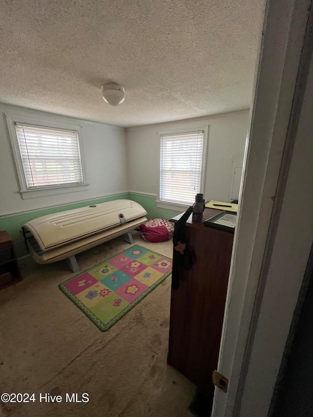 bedroom featuring carpet floors and a textured ceiling