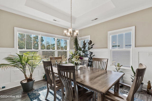 dining room with dark wood-type flooring, a tray ceiling, a notable chandelier, and a healthy amount of sunlight