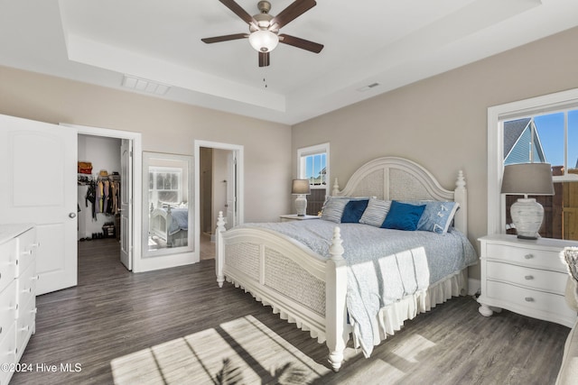 bedroom with a spacious closet, ceiling fan, a closet, and a raised ceiling