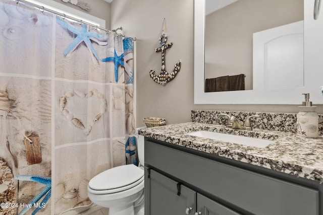 bathroom featuring toilet, vanity, and a shower with shower curtain