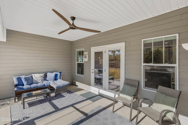 view of patio / terrace featuring ceiling fan and an outdoor hangout area