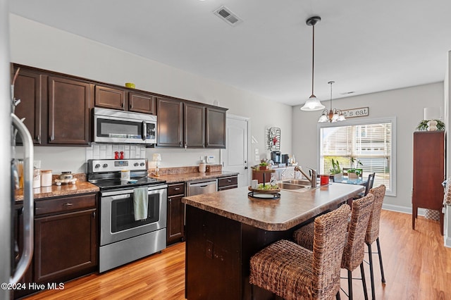 kitchen featuring sink, stainless steel appliances, light hardwood / wood-style floors, a breakfast bar, and a center island with sink