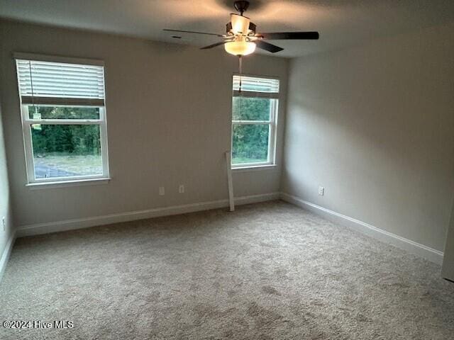 carpeted spare room featuring a wealth of natural light and ceiling fan