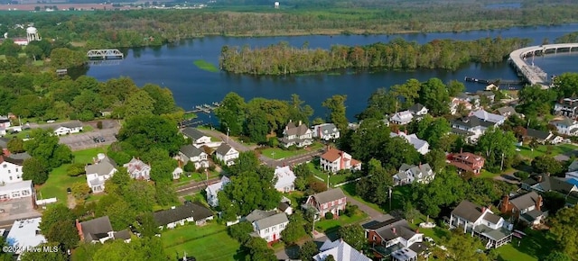 drone / aerial view featuring a water view