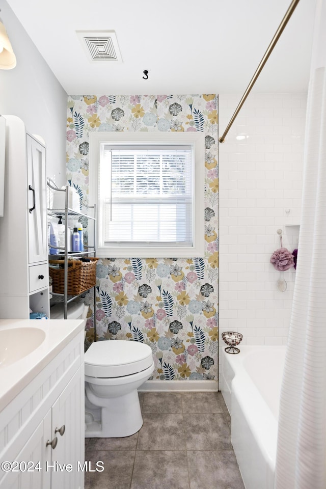 bathroom with visible vents, toilet, wallpapered walls, tile patterned flooring, and vanity