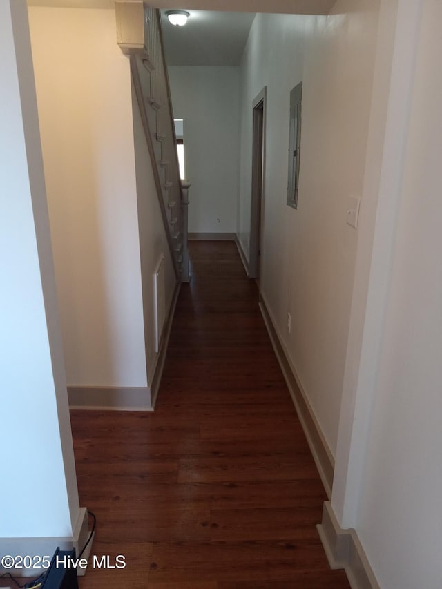 corridor featuring dark wood-type flooring and electric panel