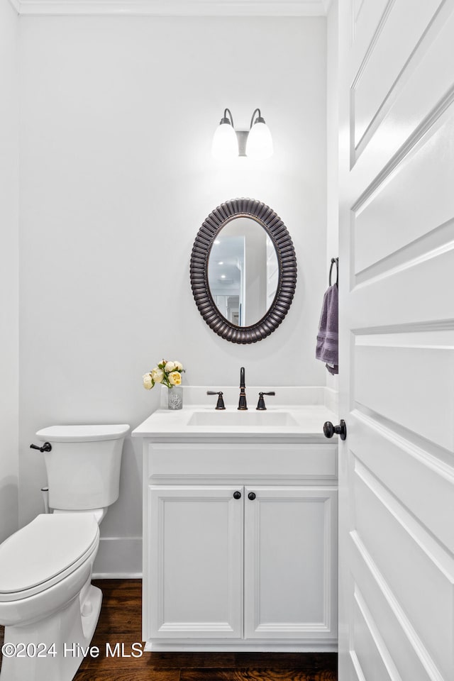 bathroom with vanity, wood-type flooring, and toilet