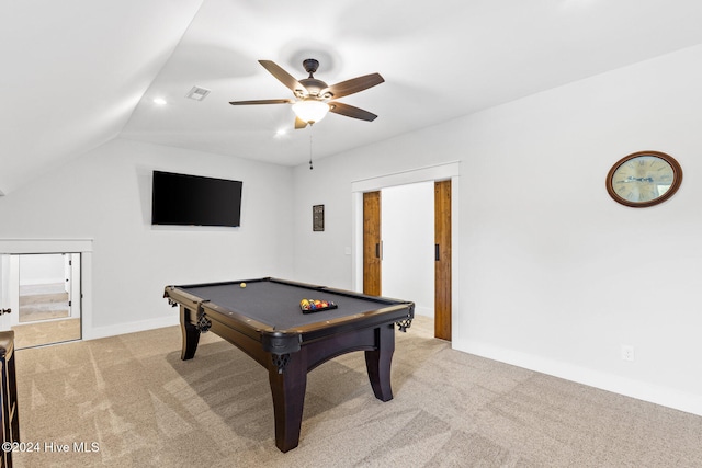 playroom with light carpet, ceiling fan, lofted ceiling, and billiards