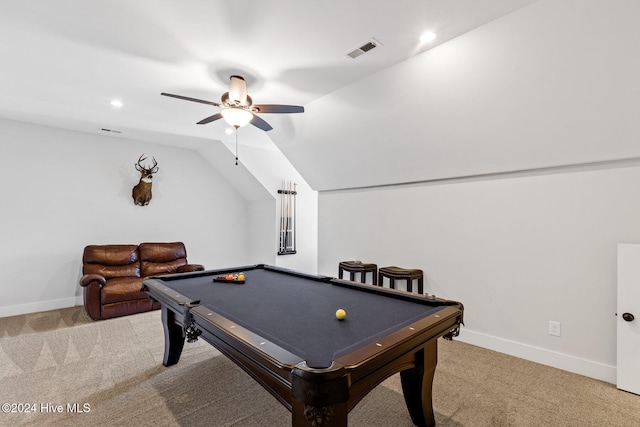 rec room with ceiling fan, carpet floors, lofted ceiling, and billiards