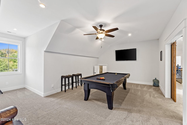 playroom with ceiling fan, light carpet, vaulted ceiling, and billiards