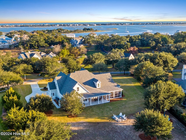 aerial view featuring a water view