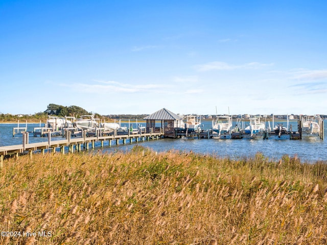 view of dock with a water view