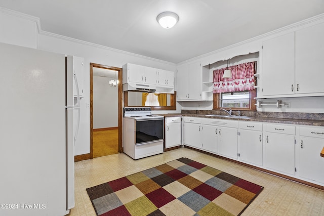 kitchen featuring crown molding, sink, white cabinets, and white appliances