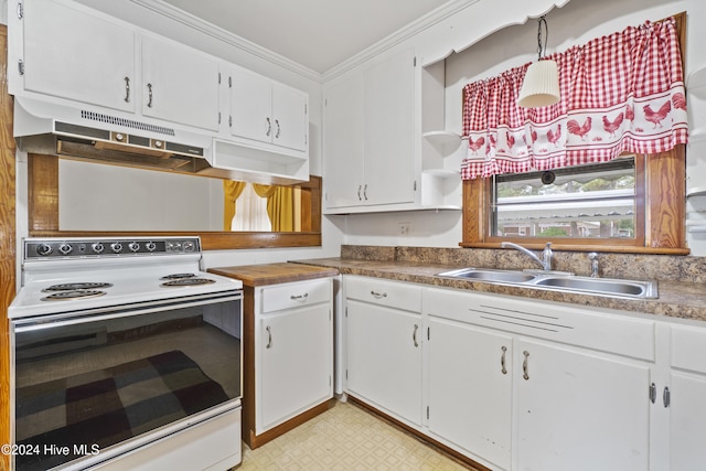 kitchen with white cabinets, white range with electric stovetop, sink, and crown molding