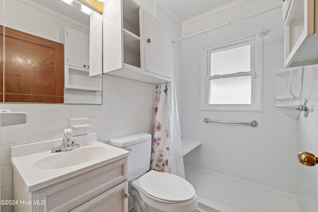 bathroom with ornamental molding, vanity, toilet, tile walls, and backsplash