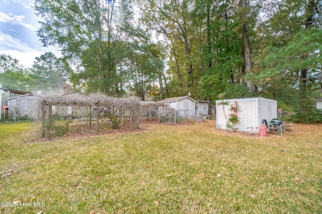 view of yard featuring a shed