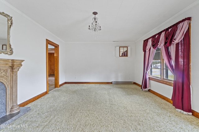 unfurnished living room featuring carpet flooring, a chandelier, baseboard heating, and ornamental molding