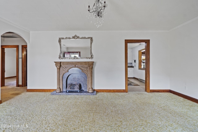 unfurnished living room with carpet flooring, a fireplace, and ornamental molding