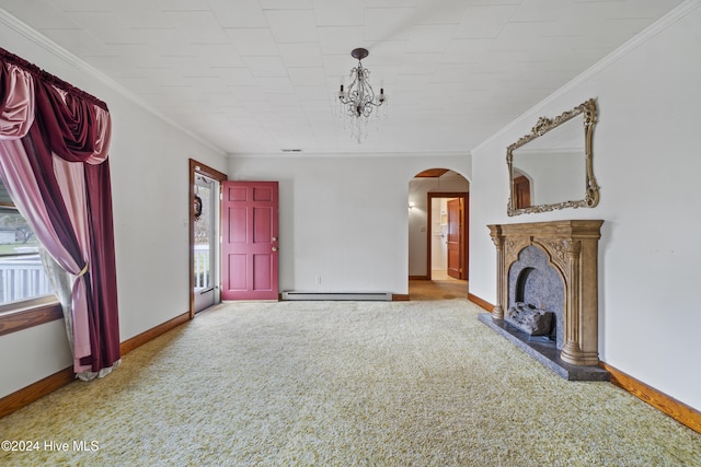 unfurnished living room with carpet flooring, a notable chandelier, a baseboard heating unit, and ornamental molding