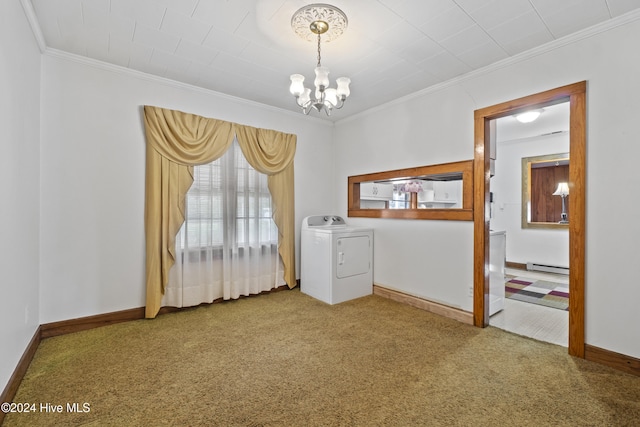 carpeted spare room featuring a baseboard radiator, a notable chandelier, washer / dryer, and crown molding