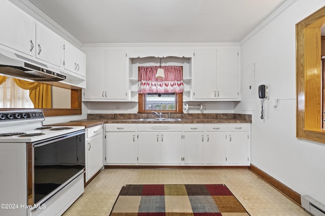 kitchen with white cabinetry, electric range, sink, and crown molding