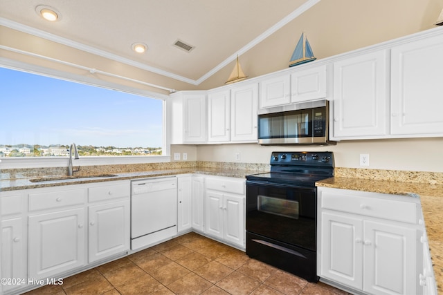 kitchen with black range with electric cooktop, a sink, white cabinetry, dishwasher, and stainless steel microwave