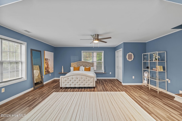 bedroom featuring hardwood / wood-style flooring, ceiling fan, and a closet