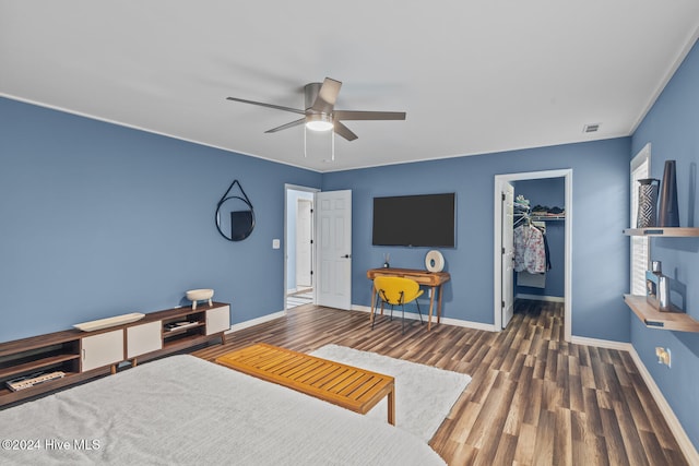 bedroom featuring ceiling fan, dark hardwood / wood-style floors, a walk in closet, and a closet