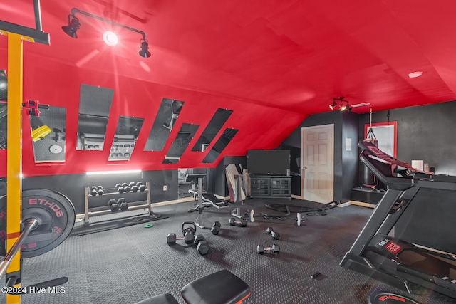 exercise room featuring lofted ceiling