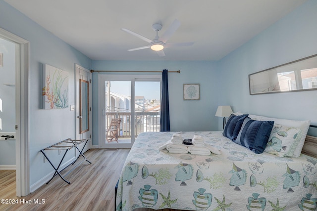 bedroom with ceiling fan, light hardwood / wood-style flooring, and access to outside