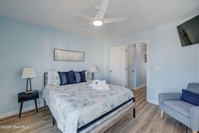 bedroom featuring ceiling fan and light wood-type flooring