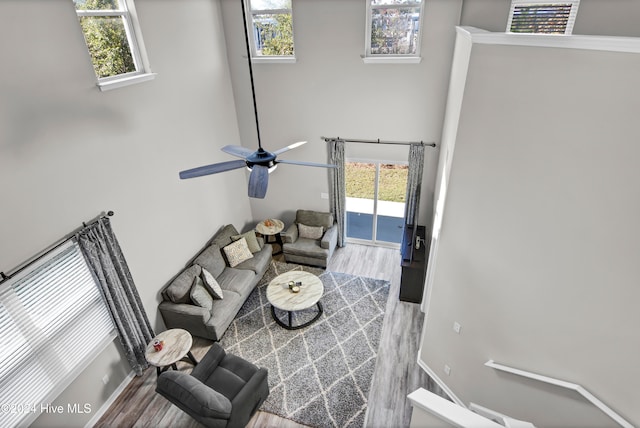 living room with hardwood / wood-style flooring and ceiling fan