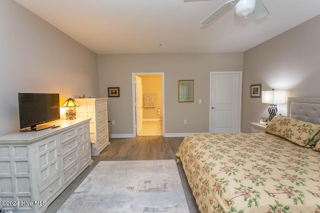 bedroom featuring ceiling fan, ensuite bath, and wood-type flooring