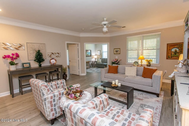 living room featuring ceiling fan, crown molding, and light hardwood / wood-style flooring