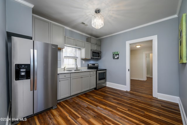 kitchen featuring gray cabinetry, stainless steel appliances, dark wood-type flooring, and sink