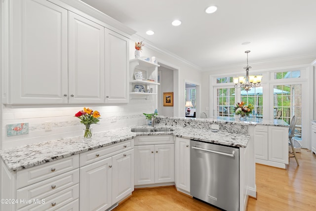 kitchen with stainless steel dishwasher, white cabinetry, kitchen peninsula, and sink