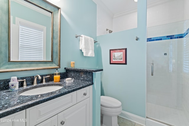 bathroom with an enclosed shower, vanity, crown molding, tile patterned flooring, and toilet