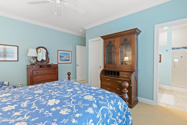 bedroom featuring ceiling fan, crown molding, and light carpet