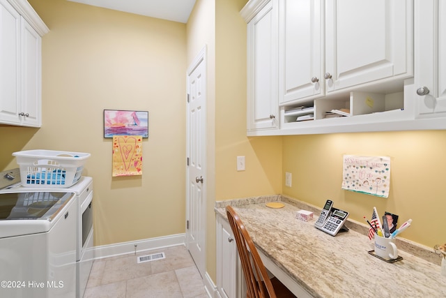 washroom with light tile patterned floors, cabinets, and independent washer and dryer