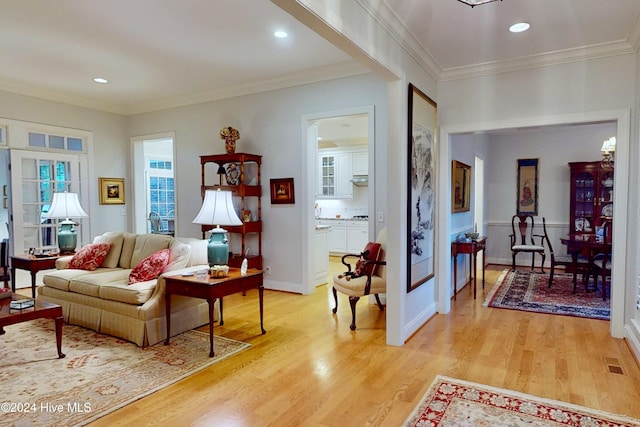 living room with crown molding and light wood-type flooring