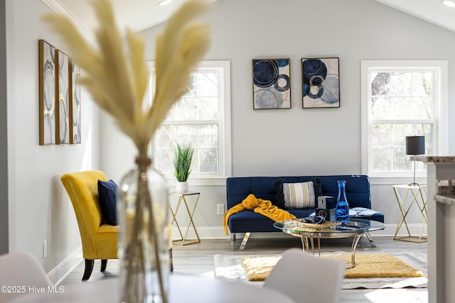 living area with a healthy amount of sunlight, wood-type flooring, and lofted ceiling