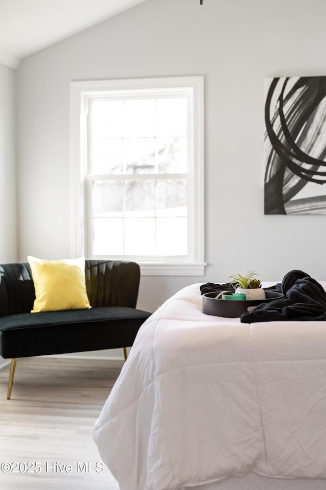 bedroom featuring light wood-type flooring and lofted ceiling