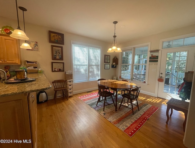 dining room with a wealth of natural light, a notable chandelier, and light wood-type flooring