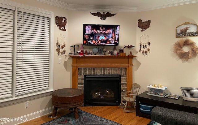 living room with a fireplace, ornamental molding, and wood-type flooring