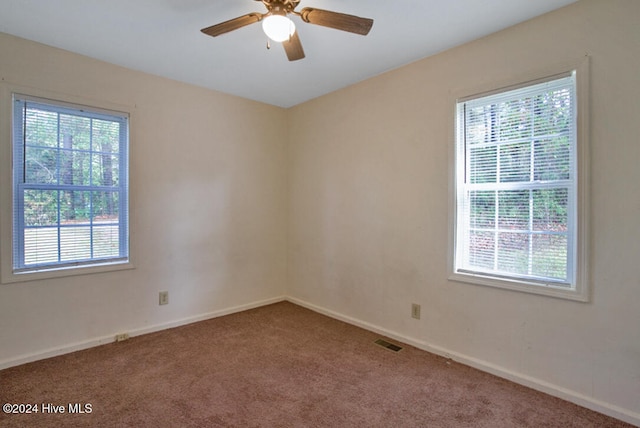 carpeted spare room featuring a wealth of natural light and ceiling fan