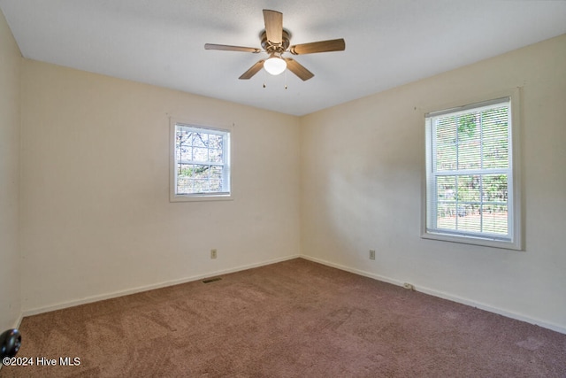 carpeted empty room with a healthy amount of sunlight and ceiling fan