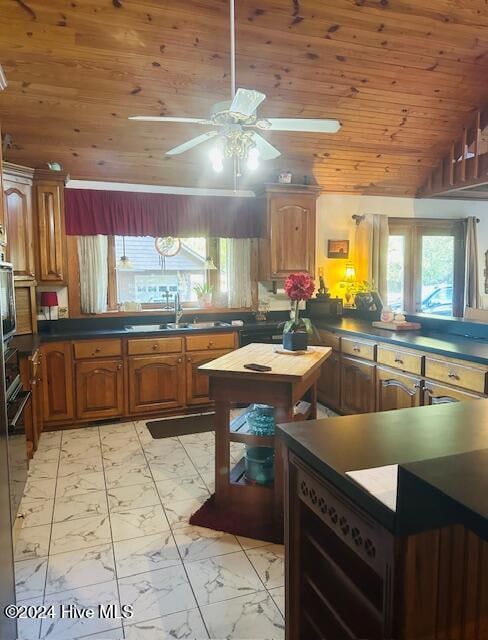 kitchen with ceiling fan, wood ceiling, and sink