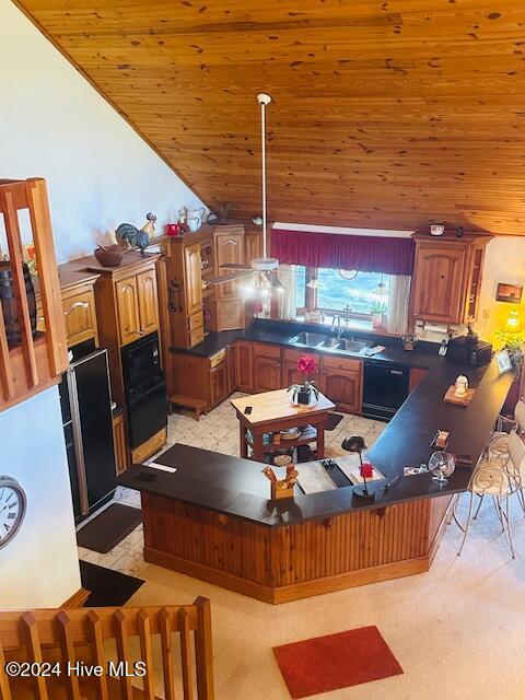 kitchen featuring high vaulted ceiling, wood ceiling, sink, and kitchen peninsula