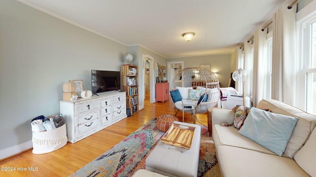 living room with hardwood / wood-style flooring and crown molding